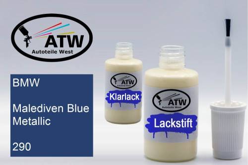 BMW, Malediven Blue Metallic, 290: 20ml Lackstift + 20ml Klarlack - Set, von ATW Autoteile West.